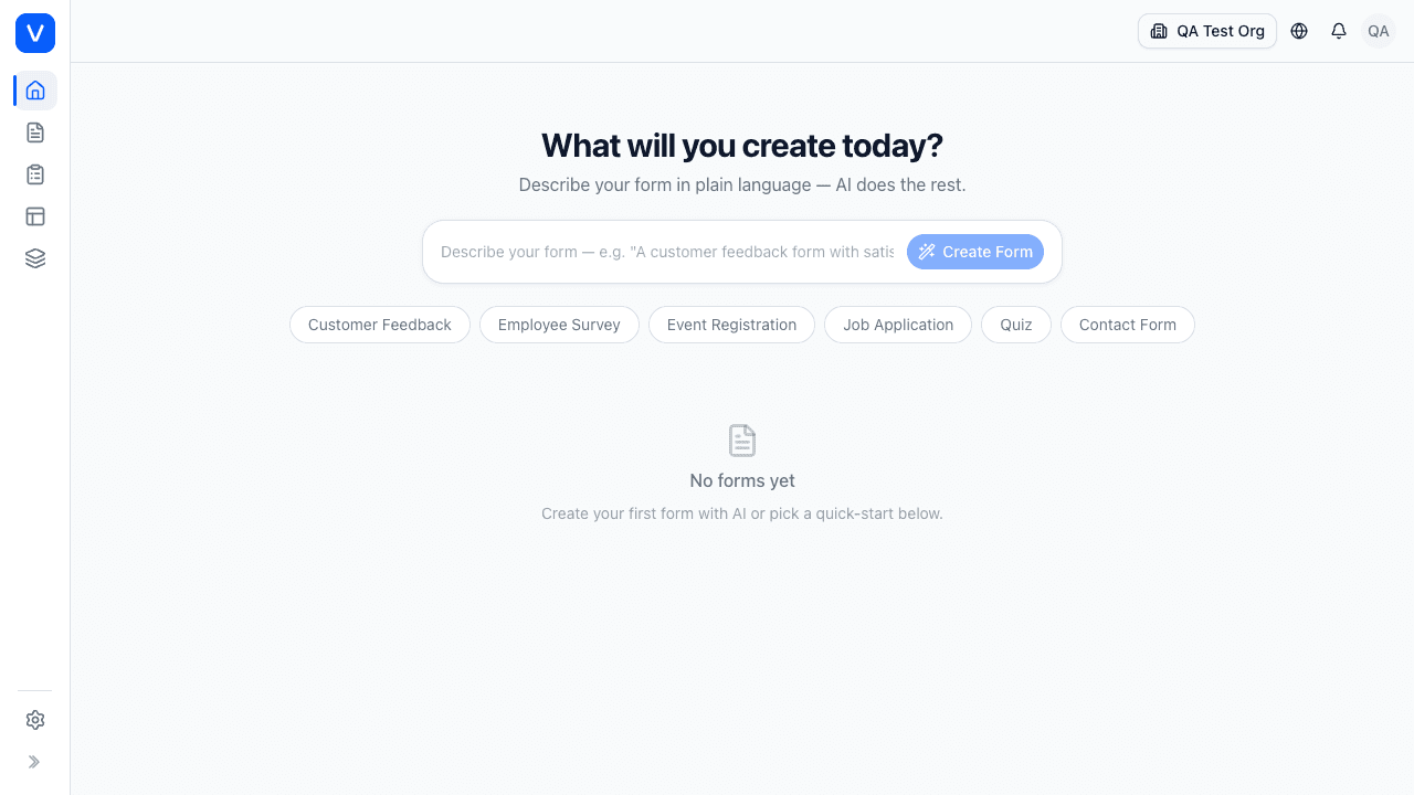 ViaForm dashboard — create forms with AI and choose quick-start forms